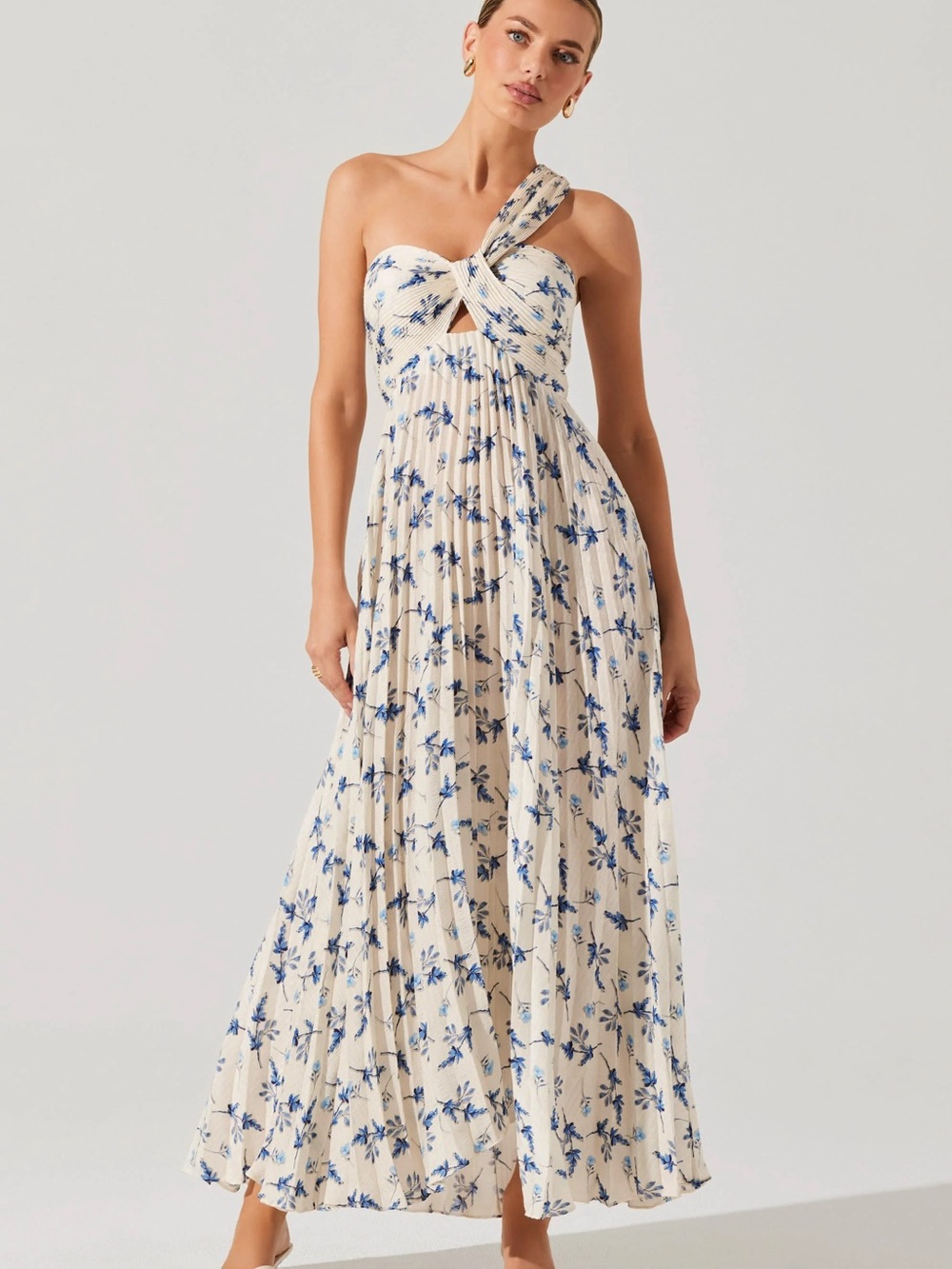 ASTR One-Shoulder Cream Maxi Dress with Blue Floral Print Victoria Secret
